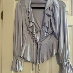 Anthropologie Light Gray/Lavendar Ruffled Blouse EUC